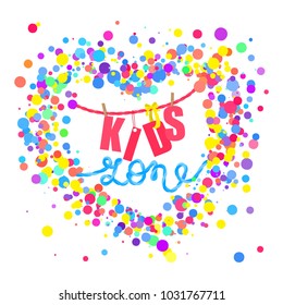 Kids zone vector flat banner. Colorful bubbles, letters for children s playroom decoration.