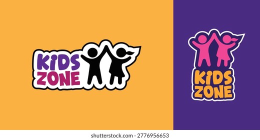 Kids Zone Vector Logo Design with Cute Children Silhouettes, Sticker Label for Playground and Daycare Center, Emblem with Boy and Girl Icons for Education and Fun Events