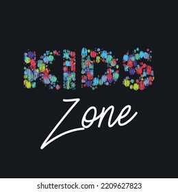 Kids zone vector painting logo. Colorful painting letters for children's playroom decoration. Inscription on isolated black background