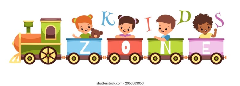 Vagón de zona infantil. Niños felices vagones en tren, pasajeros pequeños en viaje, afiche de patio de recreo para niños y niñas, banner horizontal de área infantil, dibujo vectorial concepto aislado plano