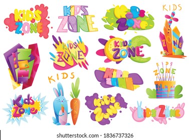 Kids zones set. Children playground game room or center emblems. Playroom banners in cartoon style for children play zone. Toys fun playing zone, children games party and play area poster