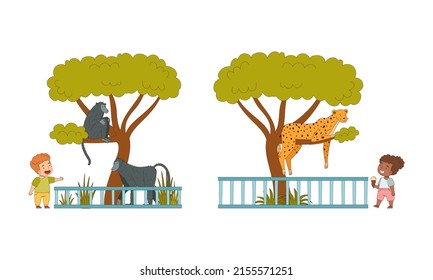 Kids at the zoo. hildren watching at cheetah and monkey cartoon vector illustration