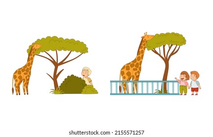 Kids at the zoo. hildren watching at giraffe cartoon vector illustration