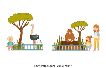 Kids at the zoo. Mom and children watching at ostrich and monkey cartoon vector illustration