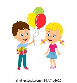 kids,boy with gift and balloons and girl on a white background, illustration, vector