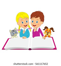 kids,boy and girl with book, illustration, vector