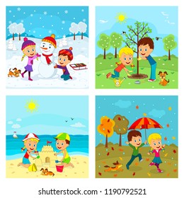 kids,boy and girl at different seasons, illustration,vector