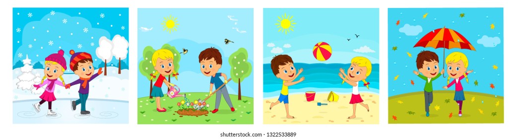 kids,boy and girl at different seasons , illustration,vector
