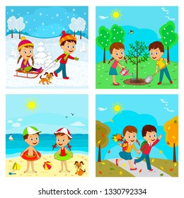 kids,boy and girl at different seasons, illustration,vector