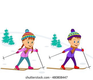 kids,boy and girl on skiing, illustration, vector