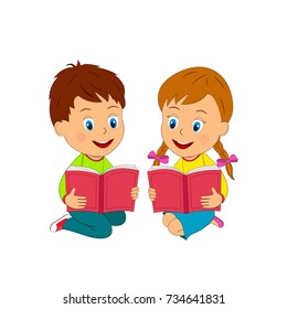 kids,boy and girl are reading books, illustration, vector