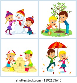 kids,boy and girl at for seasons, illustration,vector