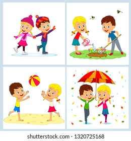 kids,boy and girl at for seasons, illustration,vector