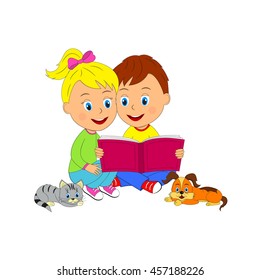 kids,boy and girl sit and read book, illustration, vector