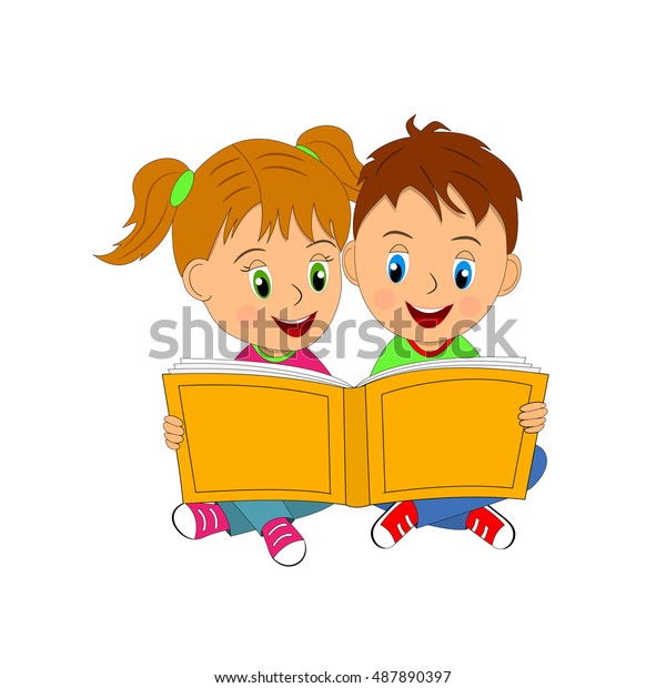 子どもたち 男の子と女の子が座って本を読む イラスト ベクター画像 のベクター画像素材 ロイヤリティフリー