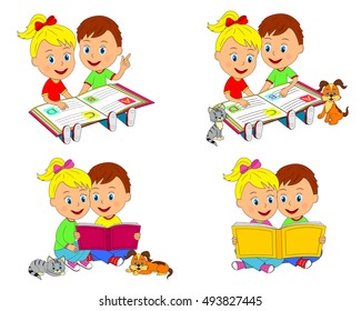 kids,boy and girl are sitting and reading a book collection, illustration, vector