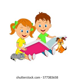 kids,boy and girl sitting and reading a book, illustration, vector