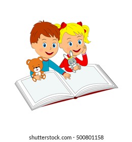 kids,boy and girl with toy and  book, illustration, vector