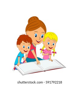kids,boy, girl and woman are reading a book, illustration, vector