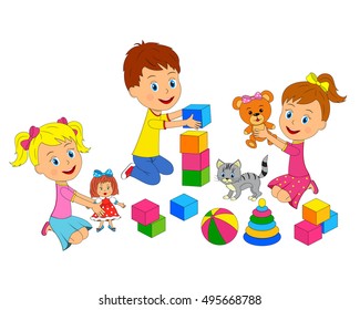 kids,boy and girls are playing with toys,illustration,vector