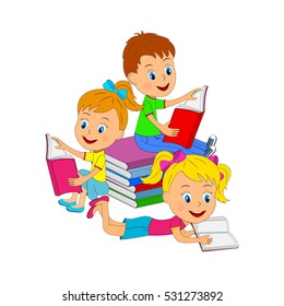 kids,boy and girls  reading a book, illustration, vector