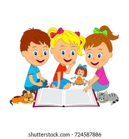 kids,boy and girls are reading a book on the floor, illustration, vector