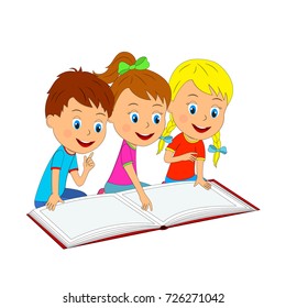 kids,boy and girls are reading a book on the floor, illustration, vector