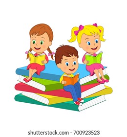 kids,boy and a girls are reading sitting on a pile of books , illustration, vector