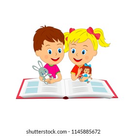 kids,boy and girls with toys read a book, illustration, vector