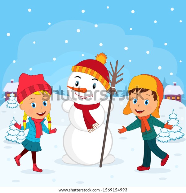 Kidsboygirl Snowman On Winter Backgroundillustrationvector Stock Vector ...