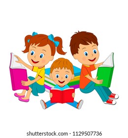 kids,boys and girl are sitting  and reading  books, illustration, vector