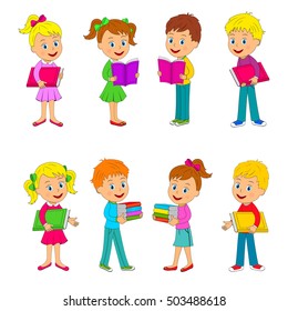 kids,boys and girls  with book collection, illustration, vector