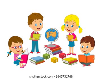  kids,boys and girls with books, illustration, vector