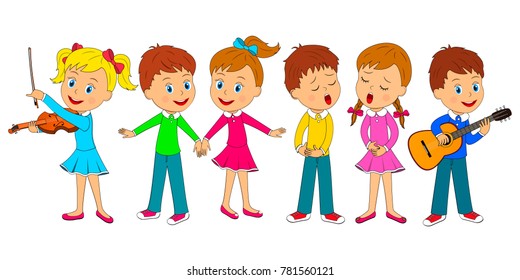 kids,boys and girls dance, sing and play music,illustration,vector