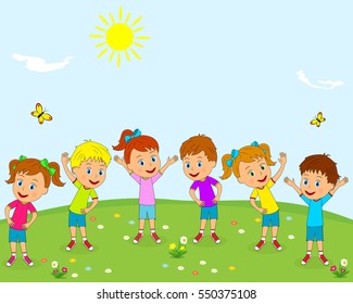 kids,boys and girls are doing exercises on the meadow,illustration, vector