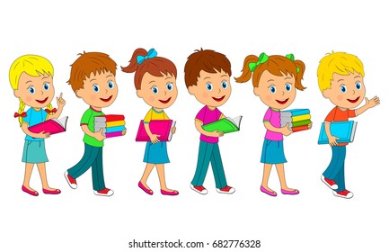 kids,boys and girls go with book,illustration,vector