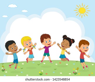 kids,boys and girls jump on a summer background, illustration, vector