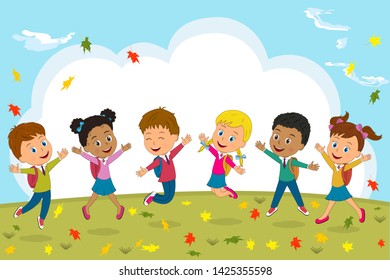 kids,boys and girls jumping on a autumn background, illustration, vector