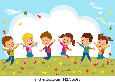 kids,boys and girls jumping on a autumn background, illustration, vector