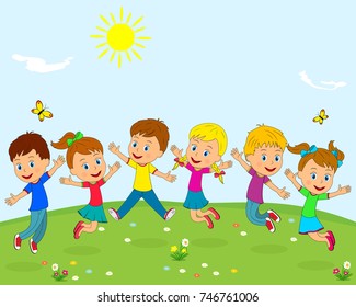 Kidsboys Girls Jumping On Summer Background Stock Vector (Royalty Free ...