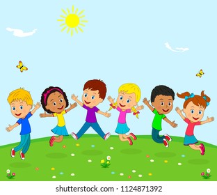 kids,boys and girls jumping and smiling with their hands up on the summer background