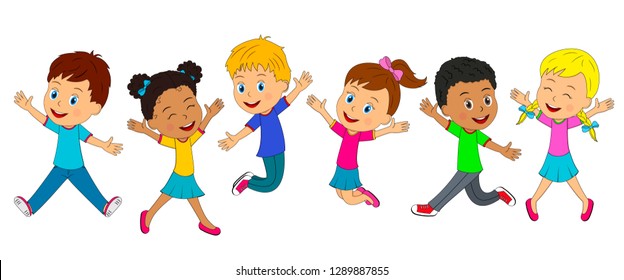 kids,boys and girls jumping and smiling with their hands up, illustration, vector