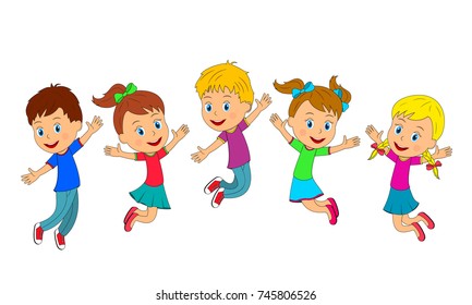 kids,boys and girls jumping and smiling with their hands up, illustration, vector
