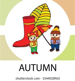 kids,boys and girls on a autumn background, illustration, vector