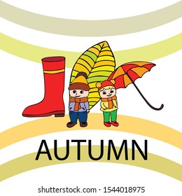 kids,boys and girls on a autumn background, illustration, vector