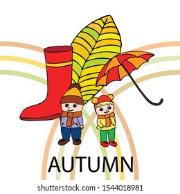 kids,boys and girls on a autumn background, illustration, vector