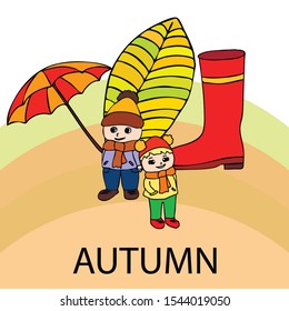 kids,boys and girls on a autumn background, illustration, vector
