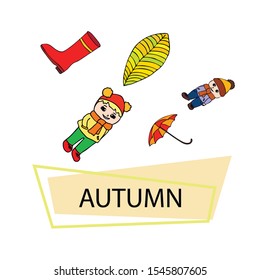 kids,boys and girls on a autumn background, illustration, vector