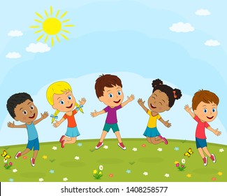 kids,boys and girls play on a summer background, illustration, vector