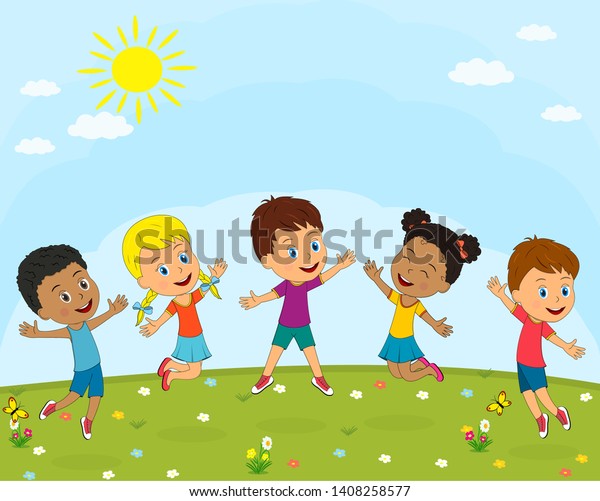 Kidsboys Girls Play On Summer Background Stock Vector (Royalty Free ...
